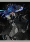  1girl :d arknights blue_eyes blue_hair fur_trim halo horns jacket long_hair looking_at_viewer lunch_(lunchicken) mostima_(arknights) open_mouth smile solo staff wings 