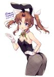  1girl animal_ears black_legwear black_leotard brown_hair bunny_ears bunny_tail bunnysuit cropped_legs dated detached_collar eyebrows_visible_through_hair fake_animal_ears gloves green_ribbon hair_ribbon kagerou_(kantai_collection) kantai_collection leotard long_hair neck_ribbon odawara_hakone open_mouth pantyhose purple_eyes remodel_(kantai_collection) ribbon simple_background smile solo tail twintails twitter_username white_background white_gloves white_ribbon 