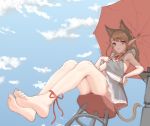  1girl absurdres anklet bare_legs barefoot beach beach_umbrella brown_hair c.rabbit chair character_request feet highres holding holding_umbrella jewelry long_hair pointy_ears red_eyes sitting tail umbrella 