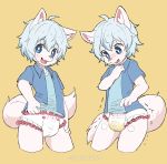  2019 4_fingers absurd_res anthro blue_eyes blush bodily_fluids canid canine clothing diaper fingers fur genital_fluids hair hand_on_hip hi_res looking_at_viewer looking_down male mammal motion_lines open_mouth ruugiaruu shirt shirt_pull solo topwear urine wet_diaper wetting white_body white_fur white_hair young 