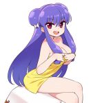  1girl bare_shoulders breasts chan_co cleavage collarbone crossed_legs double_bun eyebrows_visible_through_hair eyeliner eyeshadow hair_between_eyes hair_ornament large_breasts long_hair looking_at_viewer makeup naked_towel open_mouth purple_hair ranma_1/2 red_eyes revision shampoo_(ranma_1/2) sidelocks sitting smile solo thighs towel vaulting_horse very_long_hair white_background yellow_towel 