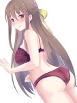  1girl absurdres ass back bangs blush bow bra breasts brown_eyes brown_hair closed_mouth cowboy_shot dutch_angle eyebrows_visible_through_hair from_side hair_between_eyes hair_bow highres himouto!_umaru-chan kongou_kanau koumei_(twinameless) lace-trimmed_bra lace-trimmed_panties lace_trim large_breasts long_hair looking_at_viewer looking_to_the_side panties red_bra red_panties simple_background solo standing underwear very_long_hair white_background yellow_bow 