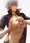  1boy abs bangs collarbone deep_skin gintama hair_between_eyes hangleing heart heart-shaped_boob_challenge heart_hands looking_at_viewer male_focus navel nipples one_eye_closed open_clothes parted_lips popped_collar ribbon-trimmed_sleeves ribbon_trim sakata_gintoki short_sleeves silver_hair solo upper_body white_background 