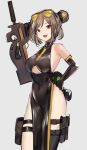  1girl alternate_costume ammunition_pouch bare_shoulders black_gloves black_legwear breasts brown_hair bullpup china_dress chinese_clothes double_bun dress elbow_gloves gas_mask girls_frontline gloves gun hayabusa high_collar highres large_breasts medium_hair open_mouth p90 p90_(girls_frontline) pelvic_curtain pouch red_eyes sideboob single_thighhigh slit_pupils smile solo submachine_gun thigh_strap thighhighs thighs underboob_cutout weapon 