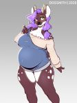  absurd_res anthro big_breasts blue_eyes breasts cervid clothing dominique_(bionichound) faizenek female green_eyes hair heterochromia hi_res horn mammal overalls pregnant purple_hair solo spots tied_hair 