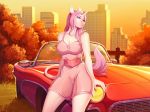  2020 anthro big_breasts blue_eyes breasts car clothed clothing day detailed_background digital_media_(artwork) dress equid eyebrows eyelashes female fingers grass horn knight_dd mammal on_car outside sky solo unicorn vehicle 
