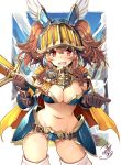  1girl armor ass_visible_through_thighs bikini_armor breasts brown_gloves brown_hair cape character_request cleavage cowboy_shot crying crying_with_eyes_open faulds gloves gold_trim groin helmet holding holding_sword holding_weapon large_breasts last_period long_hair looking_at_viewer navel open_mouth red_eyes revealing_clothes shoulder_armor signature solo spaulders standing stomach sword tears thighhighs thighs tsurugi_hagane twintails weapon winged_helmet 