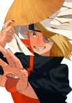  1boy akatsuki_(naruto) akatsuki_uniform artificial_eye blonde_hair blue_eyes deidara eyepatch forehead_protector hair_over_one_eye hand_up happy hat hat_removed headwear_removed highres iwagakure_symbol jewelry long_hair male_focus mechanical_eye mouth naruto naruto_(series) naruto_shippuuden ninja one_eye_covered oriharaizaya0111 otoko_no_ko ponytail ring smile solo teeth tied_hair tongue 