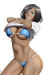  1girl :d alfred_cullado arms_up avatar_(series) bangs banned_artist bikini black_hair blue_bikini blue_eyes blush breasts contrapposto cowboy_shot grin highres korra large_breasts lifted_by_self looking_at_viewer navel o-ring o-ring_bikini open_mouth shirt shirt_lift short_hair short_sleeves simple_background skindentation smile solo stomach swept_bangs swimsuit teeth the_legend_of_korra underboob white_background white_shirt 