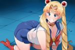  1girl all_fours bent_over bishoujo_senshi_sailor_moon blonde_hair blue_eyes breasts choker cleavage clenched_teeth hair_ornament heart heart_choker highres large_breasts lightsource magical_girl sailor_moon sailor_moon_redraw_challenge school_uniform skirt sweatdrop teeth tsukino_usagi twintails you_gonna_get_raped 