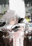  1girl alcohol blue_eyes custom_(cus-tom) long_hair lying original sketch solo vodka white_hair 