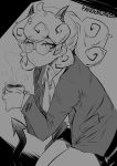  1girl absurdres black_horns black_miniskirt black_skirt black_tail breasts business_suit character_name closed_mouth coffee coffee_mug collared_shirt cup curly_hair demon_girl demon_horns demon_tail eyebrows_visible_through_hair formal glasses grey_background greyscale helltaker highres holding holding_cup horns jacket long_sleeves looking_at_viewer medium_breasts medium_hair miniskirt moisture_(chichi) monochrome mug pandemonica_(helltaker) ponytail shirt short_hair simple_background skirt small_breasts suit tail upper_body white_hair 