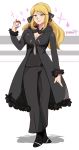  1girl alternate_hairstyle black_dress black_jacket black_legwear black_pants blonde_hair blue_eyes breasts cleavage commentary company_connection cosplay crossover dress fur_trim hair_ribbon highres holding holding_poke_ball jacket karbuitt long_hair long_sleeves metroid mole nintendo pants poke_ball poke_ball_(generic) pokemon pokemon_(game) pokemon_dppt ribbon samus_aran shadow shirona_(pokemon) shirona_(pokemon)_(cosplay) sleeves smile solo sparkle standing 