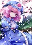  1girl bangs blue_dress blue_headwear blurry blurry_background blurry_foreground breasts center_frills cherry_blossoms closed_mouth dress eyebrows_visible_through_hair flower frilled_dress frills hair_between_eyes hands_together hat head_tilt long_sleeves looking_at_viewer medium_breasts mob_cap nanase_nao obi own_hands_together petals pink_flower pink_hair puffy_short_sleeves puffy_sleeves purple_eyes saigyouji_yuyuko sash short_over_long_sleeves short_sleeves sleeves_past_wrists smile solo touhou tree_branch triangular_headpiece white_headwear wide_sleeves 