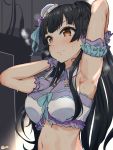  &gt;:( 1girl armpits arms_up bangs black_hair blunt_bangs blush breasts brown_eyes caruta closed_mouth detached_sleeves eyebrows_visible_through_hair hat idolmaster idolmaster_shiny_colors long_hair mayuzumi_fuyuko medium_breasts mini_hat short_sleeves solo star steaming_body sweat twitter_username two_side_up upper_body white_headwear 