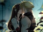  1boy 1girl bare_shoulders blonde_hair blurry blurry_background brown_hair cloud_strife crying earrings elbow_gloves final_fantasy final_fantasy_vii fingerless_gloves gloves hetero jewelry long_hair night signature spiked_hair tang_xinzi tifa_lockhart upper_body 