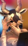  1girl animal_ear_fluff animal_ears blackbuck_(kemono_friends) breasts brown_eyes fingernails gradient gradient_background hair_over_one_eye highres horns kemono_friends solo upper_body welt_(kinsei_koutenkyoku) 