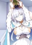  1girl anastasia_(fate/grand_order) arms_up bangs blue_cloak blue_eyes bracelet breasts brooch cleavage cloak doll dress fate/grand_order fate_(series) fur_trim hair_over_one_eye hairband holding holding_doll jewelry kurikara large_breasts long_hair looking_at_viewer open_mouth royal_robe silver_hair solo viy white_dress 