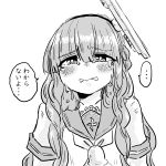  ... 1girl bangs blunt_bangs braid commentary crying crying_with_eyes_open curly_hair de_ruyter_(kantai_collection) eyebrows_visible_through_hair greyscale hair_between_eyes hair_ornament hair_over_shoulder hairband headgear highres kantai_collection long_hair looking_at_viewer monochrome neckerchief poyo_(hellmayuge) sailor_collar sailor_shirt school_uniform serafuku shirt short_sleeves side_braid simple_background solo speech_bubble spoken_ellipsis tears translated upper_body white_background 