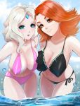  2girls bikini black_bikini blonde_hair blue_eyes blue_sky blush breasts cleavage crystal_maiden defense_of_the_ancients dota_2 highres kirani lina_inverse_(dota_2) long_hair looking_at_viewer medium_breasts medium_hair multiple_girls navel open_mouth orange_eyes orange_hair pink_bikini rylai_(dota) rylai_crestfall sky smile swimsuit water 