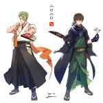  2boys achilles_(fate) alternate_costume annoyed baggy_clothes bangs black_gloves black_scarf brown_hair closed_mouth eyebrows_visible_through_hair facepaint facial_hair facial_mark fate/apocrypha fate/grand_order fate_(series) full_body gloves goatee goya_(xalbino) green_hair green_kimono hagoita hector_(fate/grand_order) highres holding japanese_clothes kimono looking_at_viewer male_focus multiple_boys paddle paint paint_on_face sandals sash scarf signature standing white_background wide_sleeves yellow_eyes 