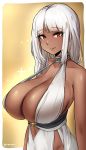  1girl azur_lane bangs bare_shoulders border breasts brown_background cleavage closed_mouth collarbone commentary dark_skin dress english_text eyebrows_visible_through_hair facial_mark forehead_mark halter_dress highres large_breasts long_hair looking_at_viewer massachusetts_(azur_lane) outside_border parted_bangs roresu silver_hair skindentation sleeveless sleeveless_dress smile solo sparkle twitter_username upper_body very_long_hair white_border white_dress 