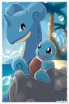  2020 2:3 ambiguous_gender blue_body day duo lapras marine nintendo open_mouth open_smile palm_tree pok&eacute;mon pok&eacute;mon_(species) rock sand shell signature smile squirtle tongue tree video_games volmise water 