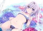  bikini blush flowers karory long_hair navel original purple_eyes purple_hair swimsuit water 