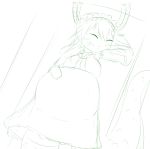  2017 absurd_res belly big_belly breasts clothed clothing digital_media_(artwork) dragon dragon_tail eyes_closed female green_and_white hair hand_on_stomach hi_res horn humanoid lying maid_uniform miss_kobayashi&#039;s_dragon_maid monochrome on_back open_mouth prettypaddedprincess simple_background sketch solo teeth tohru_(dragon_maid) tongue uniform 