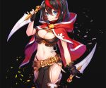  applecaramel_(acaramel) aqua_eyes black black_hair breasts cape cleavage cropped gloves hoodie navel original short_hair sword weapon 