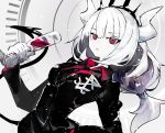  1girl bangs blush breasts demon_girl demon_horns demon_tail formal gloves helltaker horns kusakanmuri long_hair looking_at_viewer lucifer_(helltaker) mole mole_under_eye necktie red_eyes red_shirt shirt simple_background solo suit tail white_hair white_horns 