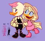  anatid anseriform anthro avian belt bird blue_sclera bottomwear clothing coat disney dress duck ducktales ducktales_(2017) duo female female/female footwear hat headgear headwear jacket lena_(ducktales) makeup pants shoes topwear verdetempera webby_vanderquack 