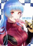  1girl azuma_kyoutarou_(artist) blue_hair blush bodysuit breasts candy food gloves happy_birthday highres kula_diamond lollipop long_hair long_sleeves looking_at_viewer medium_breasts red_eyes smile snk solo the_king_of_fighters upper_body 