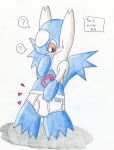 anthro blush bulge clothed clothing gohami hi_res latios legendary_pok&eacute;mon male nintendo pok&eacute;mon pok&eacute;mon_(species) simple_background solo speech_bubble standing text traditional_media_(artwork) translated video_games white_background 
