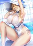  1girl arm_behind_head arm_up armpits artoria_pendragon_(all) artoria_pendragon_(swimsuit_ruler)_(fate) bangs bare_shoulders blonde_hair blush breasts cleavage cleavage_cutout covered_navel fate/grand_order fate_(series) green_eyes hair_between_eyes hat highleg highleg_swimsuit huge_breasts knee_up kumakichi_(cost-lost) long_hair looking_at_viewer one-piece_swimsuit parted_lips sidelocks sitting smile sun_hat swimsuit thighs white_headwear white_swimsuit 