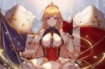  1girl ayu_(ayuyu0924) azur_lane bare_shoulders black_gloves book breasts cleavage_cutout dress eyebrows_visible_through_hair flag fleur_de_lis french_flag gloves holding holding_book holding_flag juliet_sleeves layered_dress long_hair long_sleeves looking_at_viewer maltese_cross medium_breasts orange_hair puffy_sleeves purple_eyes richelieu_(azur_lane) skirt solo white_skirt 