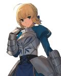  1girl ahoge arm_at_side armor armored_dress artoria_pendragon_(all) bangs blonde_hair breastplate character_request chorefuji closed_mouth commentary_request copyright_request ear eyebrows_visible_through_hair fate_(series) gauntlets green_eyes looking_at_viewer looking_down puffy_sleeves short_hair simple_background smile solo white_background 