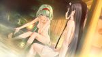  2girls barefoot bishoujo_mangekyou black_hair blue_eyes breasts chin_rest dutch_angle eyebrows_visible_through_hair game_cg green_eyes green_hair hair_ornament hairband happoubi_jin long_hair multiple_girls nanayama_moyoka nipples non-web_source nude onsen parted_lips profile renge_(bishoujo_mangekyou) sidelocks sitting small_breasts soaking_feet steam v-shaped_eyebrows very_long_hair x_hair_ornament 