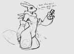  2019 ambiguous_gender annoyed anthro armwear black_and_white black_sclera bridal_gauntlets canid canine clothing dialogue digimon digimon_(species) english_text eyelashes featureless_crotch holding_object mammal markings monochrome navel neck_tuft nude portrait renamon side_view sketch solo speech_bubble strikeanywhere text three-quarter_portrait tuft 