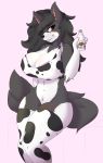  absurd_res anthro big_breasts blush booponies bottomless bra breasts canid canine canis cleavage clothed clothing cowprint female hi_res legwear mammal milk sia_(ebonycrowned) sia_denali smile solo thick_thighs thigh_highs underwear wolf 
