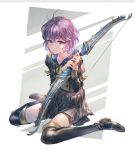  1girl bernadetta_von_varley bike_shorts bomssp boots bow_(weapon) closed_mouth fire_emblem fire_emblem:_three_houses garreg_mach_monastery_uniform grey_eyes high_heel_boots high_heels highres holding holding_bow_(weapon) holding_weapon long_sleeves purple_hair short_hair sitting solo tearing_up uniform weapon 