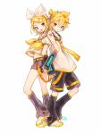  1boy 1girl arm_warmers back-to-back bangs bare_shoulders bass_clef belt black_collar black_shorts black_sleeves blonde_hair bow closed_mouth collar commentary derivative_work detached_sleeves full_body grey_collar grey_shorts hair_bow hair_ornament hairclip headphones headset highres kagamine_len kagamine_rin leg_up leg_warmers looking_at_viewer midriff nail_polish neckerchief necktie nokodaru_marin open_mouth sailor_collar school_uniform shirt short_hair short_ponytail short_shorts short_sleeves shorts shoulder_tattoo signature sleeveless sleeveless_shirt smile spiked_hair standing swept_bangs tattoo treble_clef vocaloid white_background white_bow white_footwear white_shirt yellow_nails yellow_neckwear 