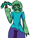  aliasing anthro anthrofied claws clothed clothing creeper dakuterooty green_body hair low_res male minecraft pickaxe simple_background solo video_games white_background 