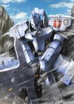  amasaki_yusuke break_blade cape debris holding holding_sword holding_weapon horn insignia looking_down mecha no_humans solo sword toria weapon 