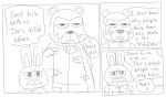  2020 animal_crossing anthro clothing comic duo english_text facial_hair gaston_(animal_crossing) hi_res ike_(animal_crossing) lagomorph leporid male mammal mike_cubes monochrome mustache nintendo profanity rabbit shirt text topwear ursid video_games 