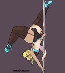  absurd_res anthro blonde_hair bulge clothed clothing crossdressing dancing footwear freckles girly hair hi_res high_heels legwear lutrine male mammal mustelid pole pole_dancing rainbowsprinklesart shoes simple_background solo stripper_pole thick_thighs thigh_highs upside_down 