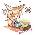  1girl :d animal_ears bangs barefoot blonde_hair brown_eyes cake chibi commentary_request dated dress eyebrows_visible_through_hair food fox_ears fox_girl fox_tail fruit full_body hair_ornament hairclip holding long_sleeves open_mouth original parfait red_dress short_hair slice_of_cake smile solo sparkle spoken_food standing strawberry strawberry_shortcake swept_bangs tail thought_bubble watering watering_can white_background wide_sleeves yuuji_(yukimimi) 