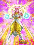  1girl bare_shoulders boots breasts card_(medium) chronoa circlet dragon_ball_heroes dragon_ball_xenoverse earrings energy_ball halo highres jewelry large_breasts long_hair official_art older pants pink_hair pink_skin pointy_ears potara_earrings shirt solo sparkle white_footwear white_shirt yellow_eyes yellow_pants 