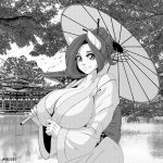  1:1 anthro big_breasts breasts cleavage clothed clothing detailed_background domestic_cat felid feline felis female huge_breasts katrina_fowler kemono llmixll looking_at_viewer mammal monochrome outside smile solo tree umbrella 