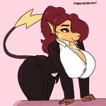  1:1 absurd_res anthro bent_over big_breasts breasts cleavage clothed clothing female furniture hi_res huge_breasts nintendo pok&eacute;mon pok&eacute;mon_(species) raichu rainbowsprinklesart shirt solo straining_buttons suit table topwear video_games wide_hips 